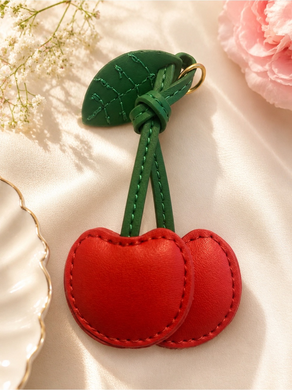 Playful Red Cherry Key & Card Holder with Green Stem